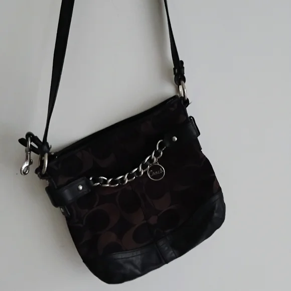 Coach Black Leather Dark Brown Canvas Signature Crossbody Bag Purse - Picture 3 of 15